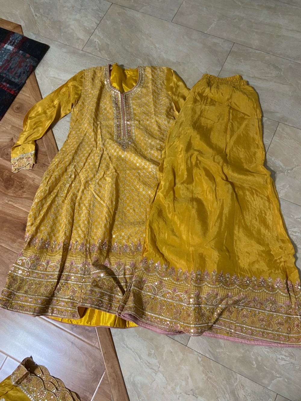 Mustard Yellow Embroidered Women’s Three Piece Frock Sharara Set NWOT Size L(40)
